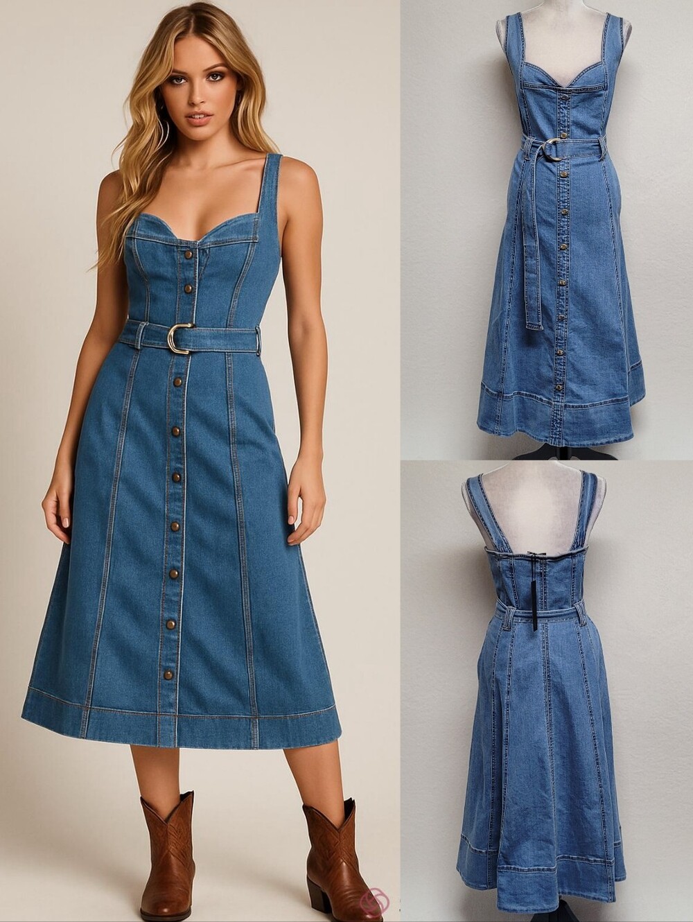 House of Harlow Stretchy Denim Belted Sweetheart Neck Fit & Flare Midi Dress 10 - Picture 1 of 13